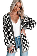 Black Checkered Open Front Drop Shoulder Cardigan