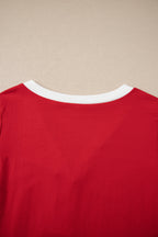 Fiery Red Contrast Trim Button V Neck Ribbon Bow Knot Waist 2pcs Lounge Pant Set