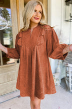 Cinnamon Bracelet Sleeve Split Neck Scallop Detail Pleated Corduroy Mini Dress