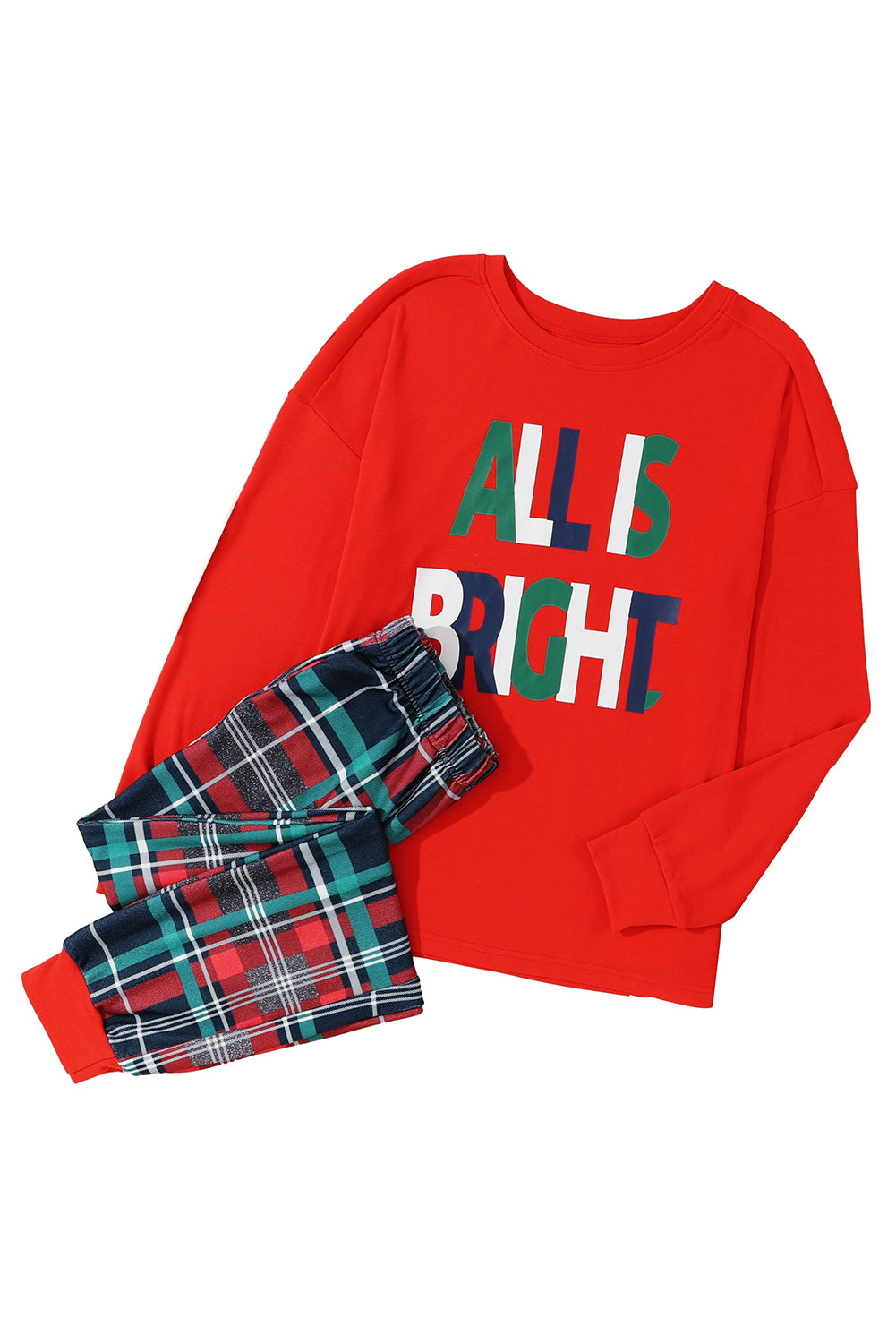 Cozy "ALL IS BRIGHT" Graphic Christmas Plaid Pajama Set for Women - Festive Long Sleeve Top & Jogger Pants
