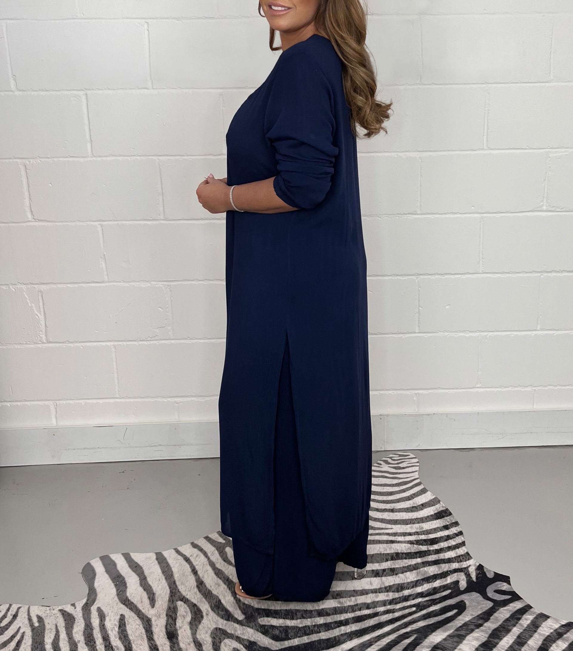 Elegant V-Neck Tie-Front Casual Two-Piece Set: Long Top and Wide-Leg Pants
