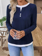 Ribbed Knit Long Sleeve Henley T-Shirt