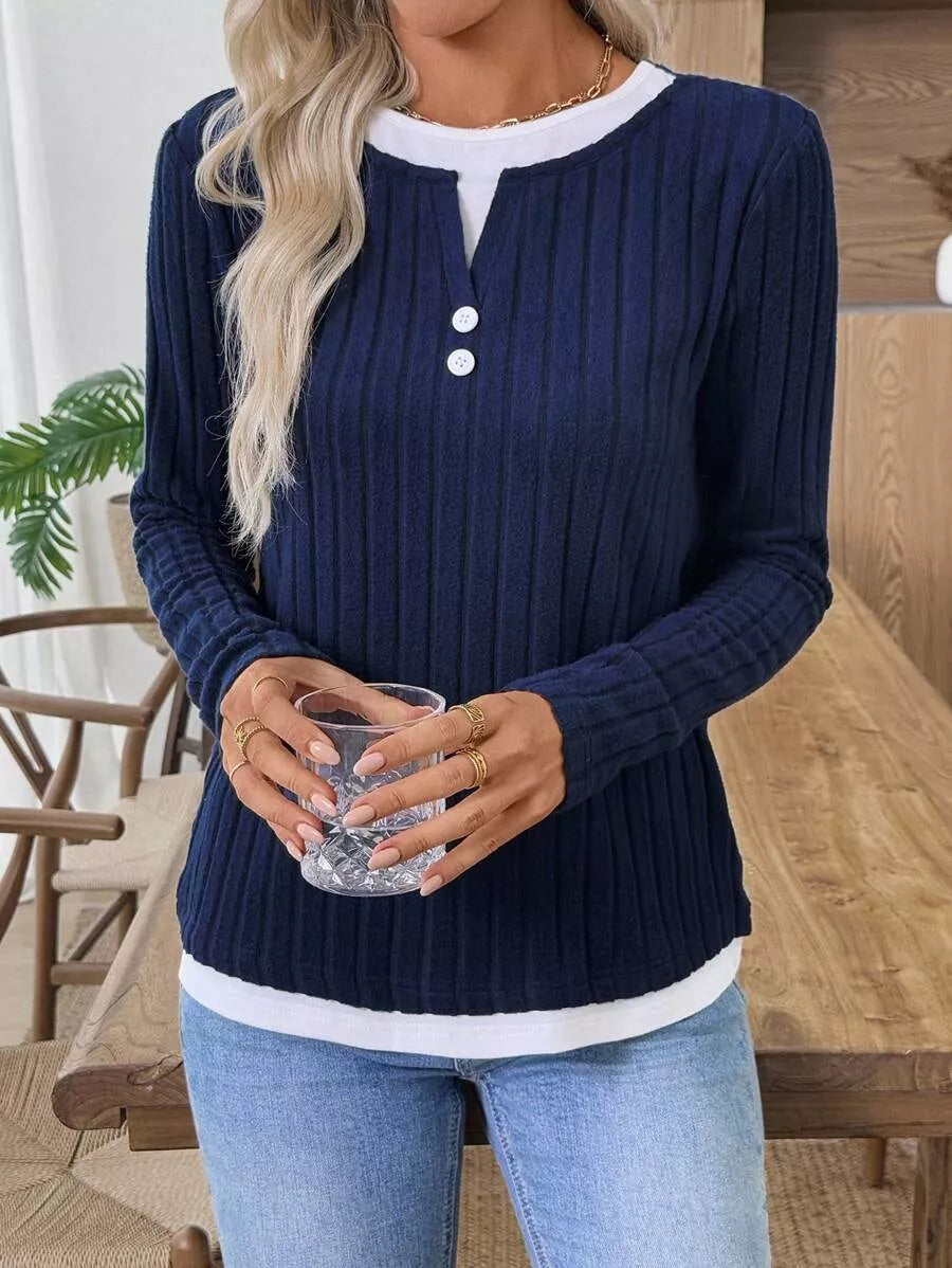 Ribbed Knit Long Sleeve Henley T-Shirt