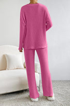 Women's Ribbed V-Neck Top and Pants Loungewear Set - Comfortable & Stylish
