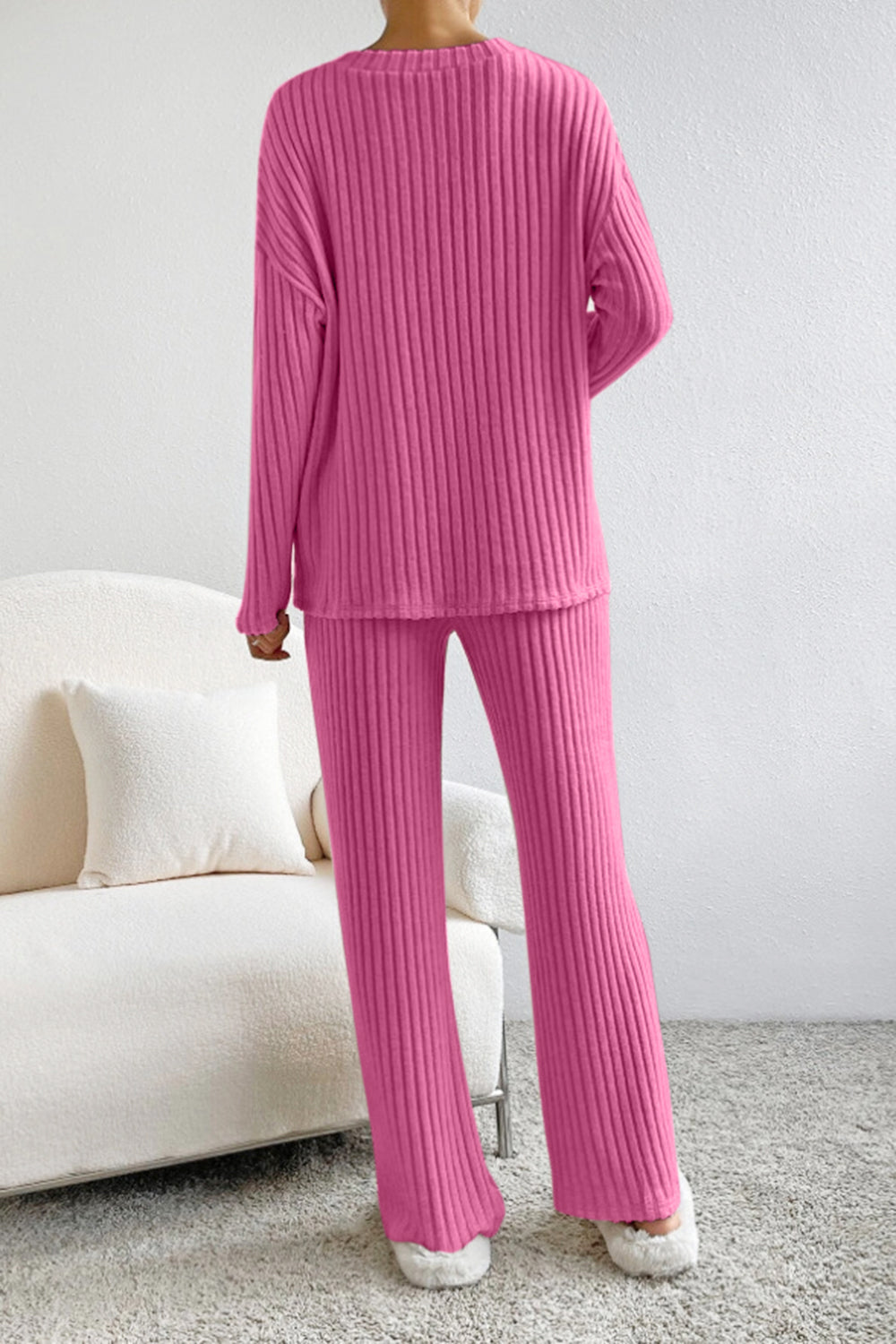 Women's Ribbed V-Neck Top and Pants Loungewear Set - Comfortable & Stylish