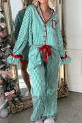Green Stripe Contrast Velvet Trim Bow Knot Waist 2-Piece Pajama Set - Women's Sleepwear