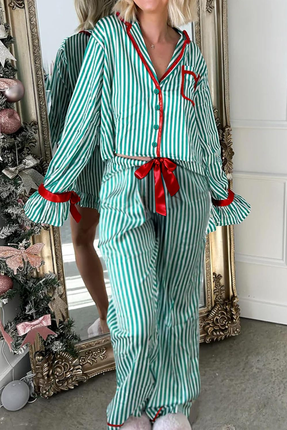 Green Stripe Contrast Velvet Trim Bow Knot Waist 2-Piece Pajama Set - Women's Sleepwear
