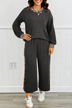 Carbon Grey Twisted Rib Texture Leopard Patchwork Detail 2pcs Pant Set