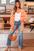 Orange Checkered Open Front Drop Shoulder Cardigan