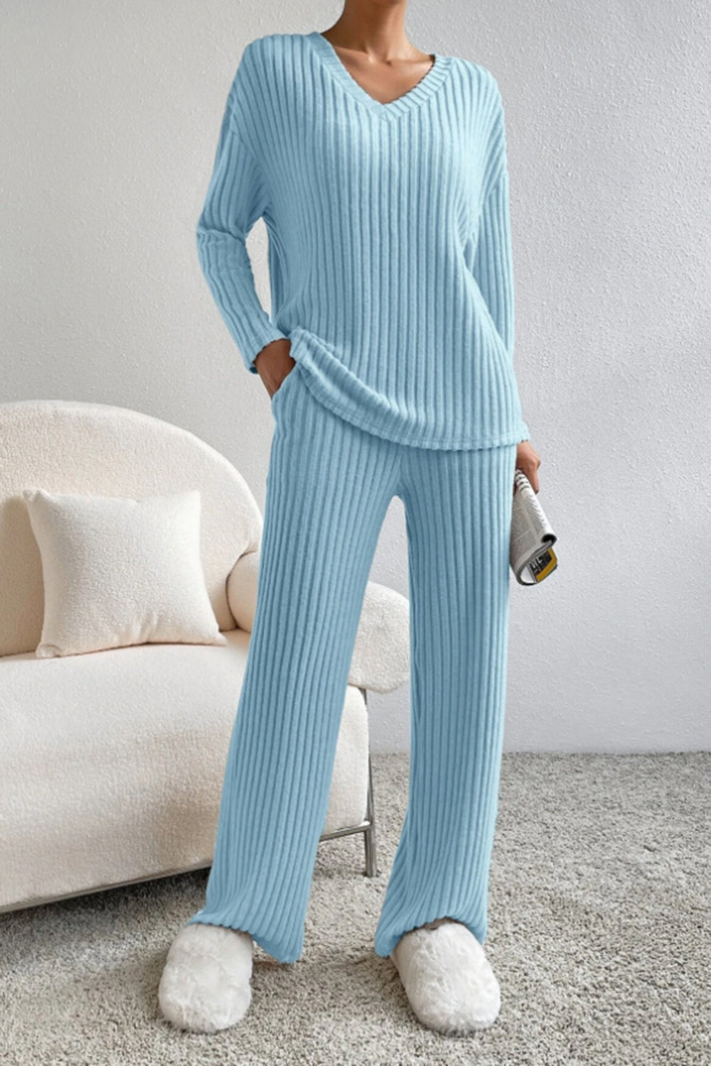 Women's Ribbed V-Neck Top and Pants Loungewear Set - Comfortable & Stylish