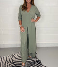 Elegant V-Neck Tie-Front Casual Two-Piece Set: Long Top and Wide-Leg Pants