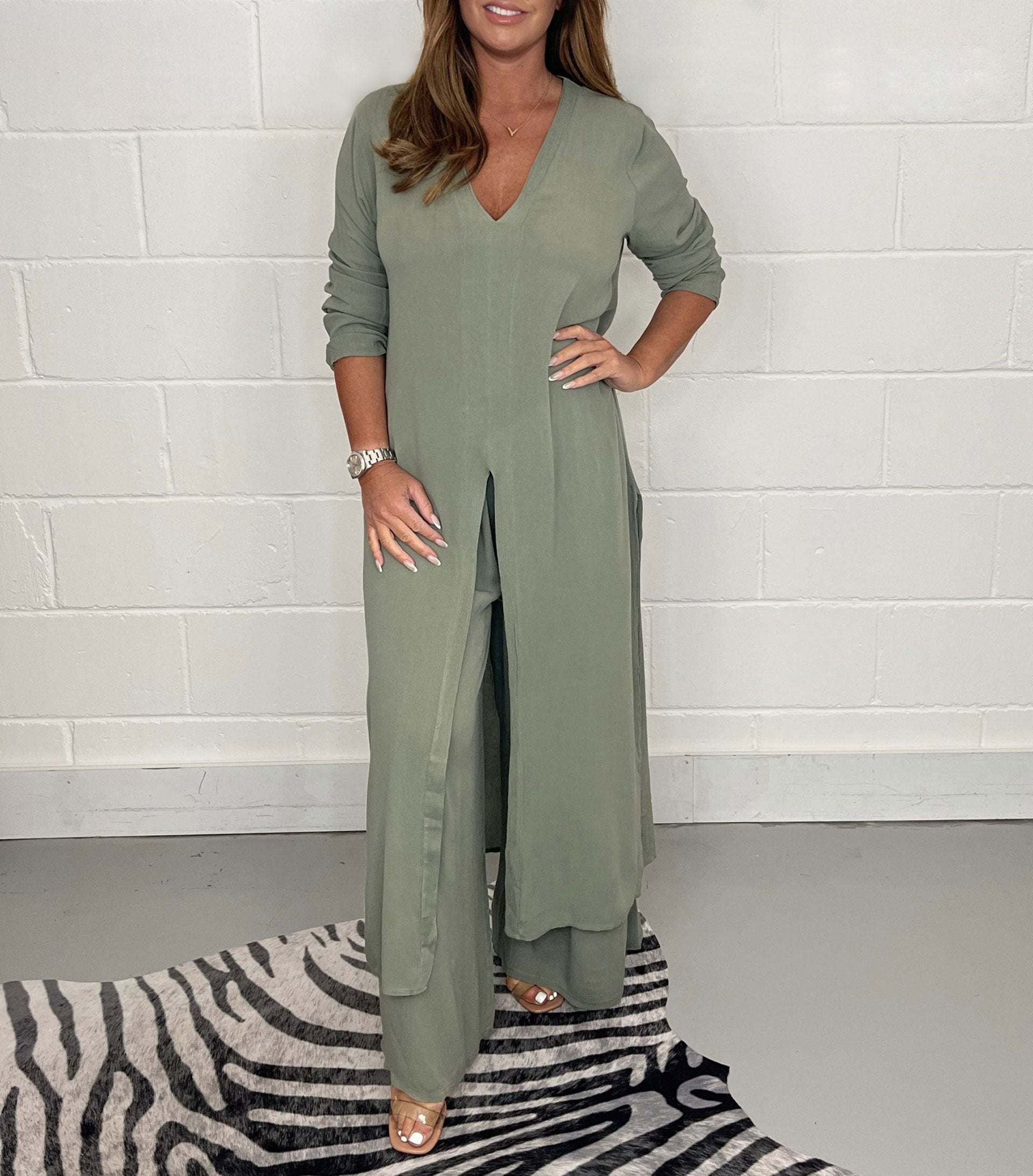 Elegant V-Neck Tie-Front Casual Two-Piece Set: Long Top and Wide-Leg Pants