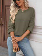 Striped Notched Long Sleeve T-Shirt