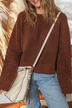 Coffee Solid Color Ribbed Trim Loose Sweater