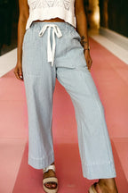 Sky Blue Stripe Mid Rise Drawstring Waist Jeans