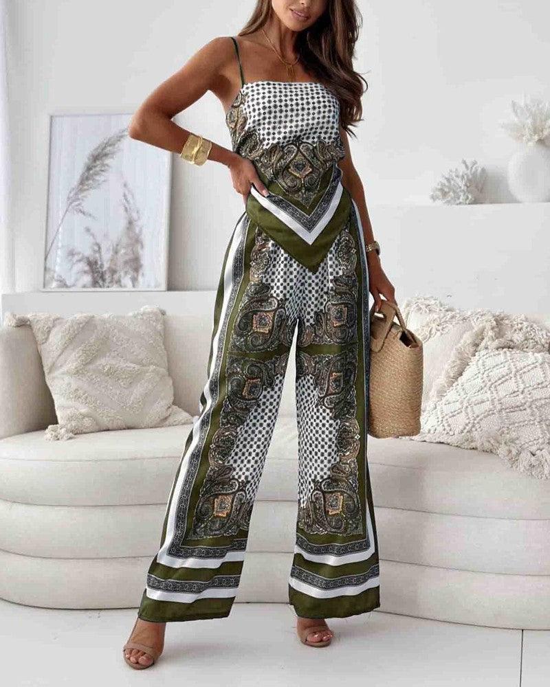 Chic Printed Lace-Up Vest & Pants Set - Two-Piece Casual Outfit for Daily, Holiday, and Going Out