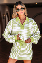 Green Stripe Collared V Neck Drop Shoulder Pullover and Skort 2pcs Outfit