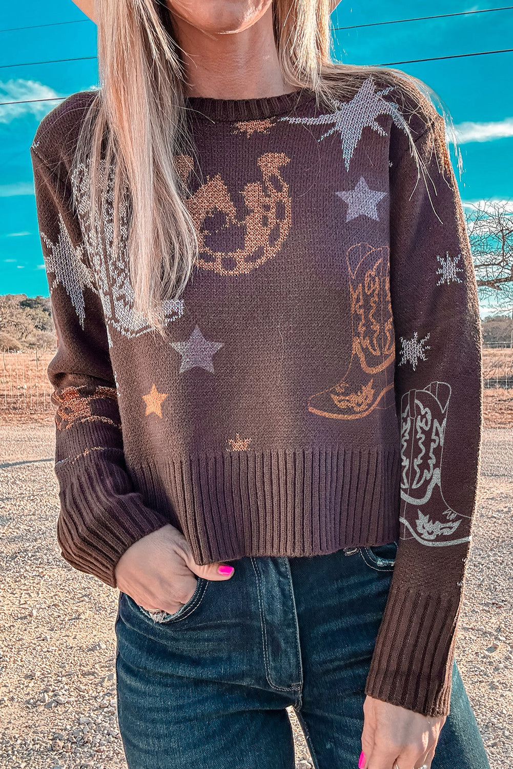 Brown Cowgirl Fashion Print Casual Sweater