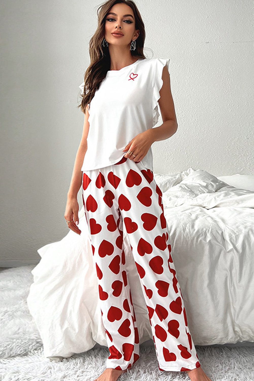 Red Ruffled Tank Top & Heart Print Pants - Cozy & Stylish Lounge Set for Women