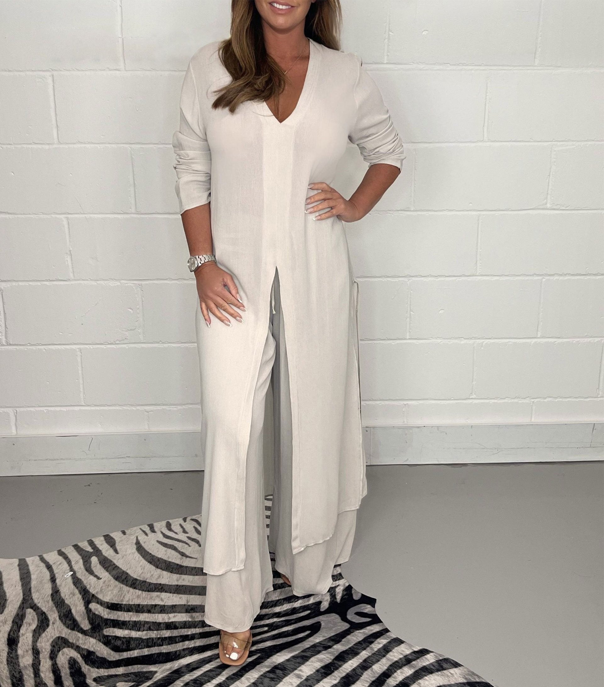 Elegant V-Neck Tie-Front Casual Two-Piece Set: Long Top and Wide-Leg Pants