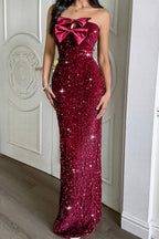 Red Dahlia Satin Bow Decor Sequin Strapless Long Party Dress