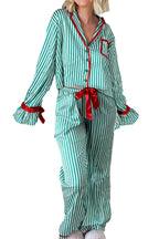 Green Stripe Contrast Velvet Trim Bow Knot Waist 2-Piece Pajama Set - Women's Sleepwear