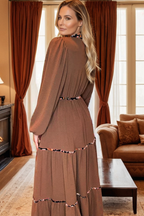 Chestnut Floral Patchwork Detail Notched Neck Long Sleeve Maxi Dress