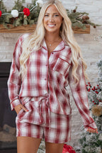 Red Retro Plaid Long Sleeve Shirt Drawstring Shorts 2pcs Lounge Set