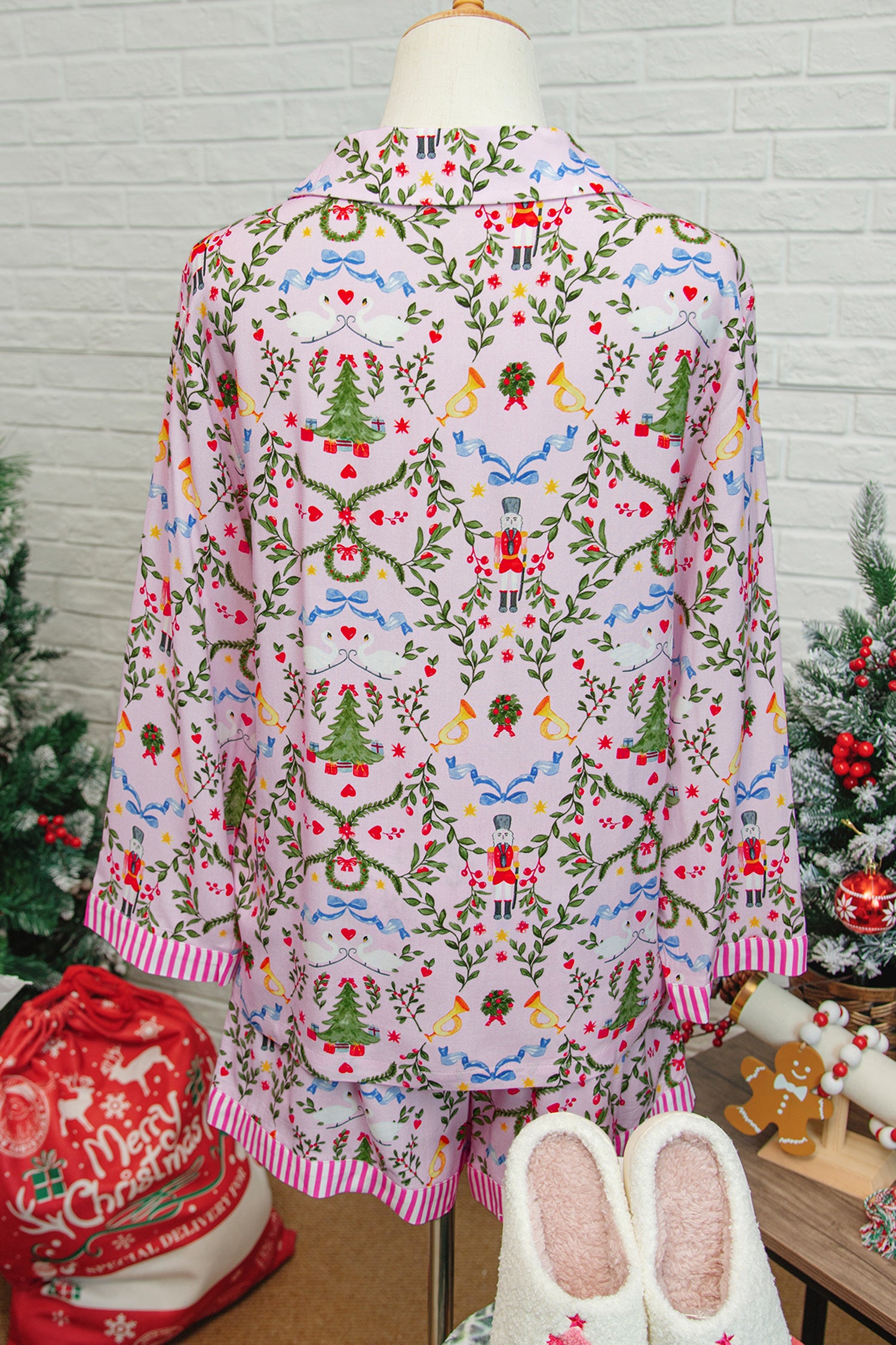 Festive Pink Christmas Holiday Print Nutcracker Long Sleeve Pajama Set with Shorts - 2 Piece Sleepwear