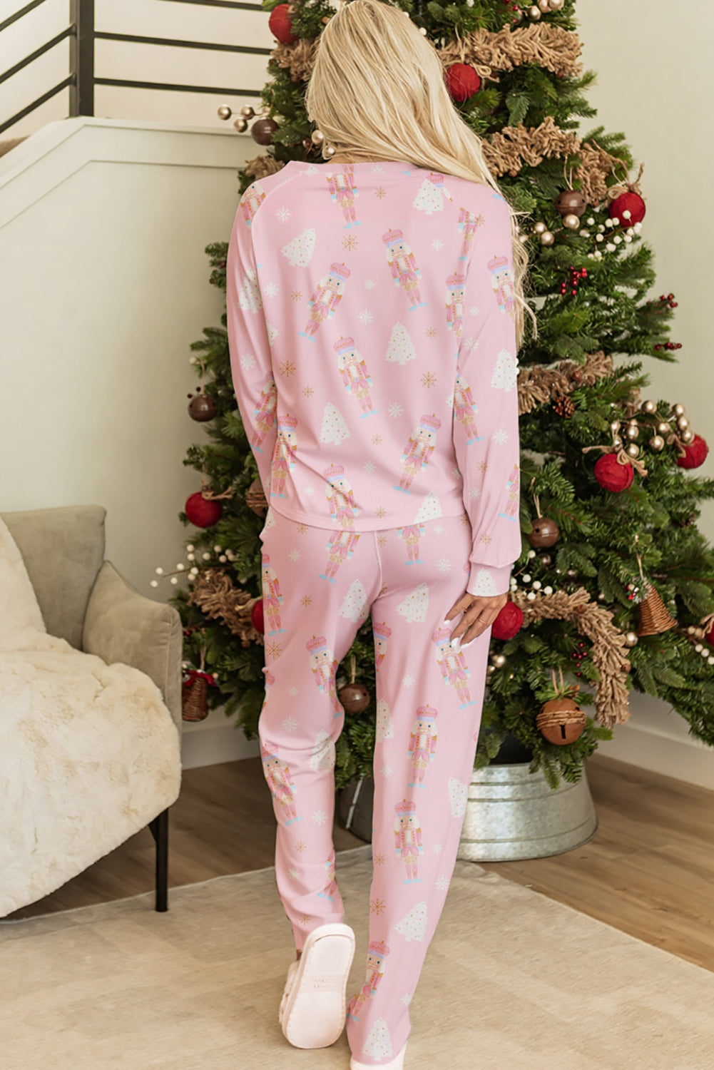 2-Piece Pink Christmas Tree & Nutcracker Print Lounge Pant Set for Women
