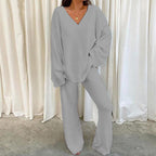 Elegant Solid Color V-Neck Two-Piece Set for Women - Casual & Fashionable