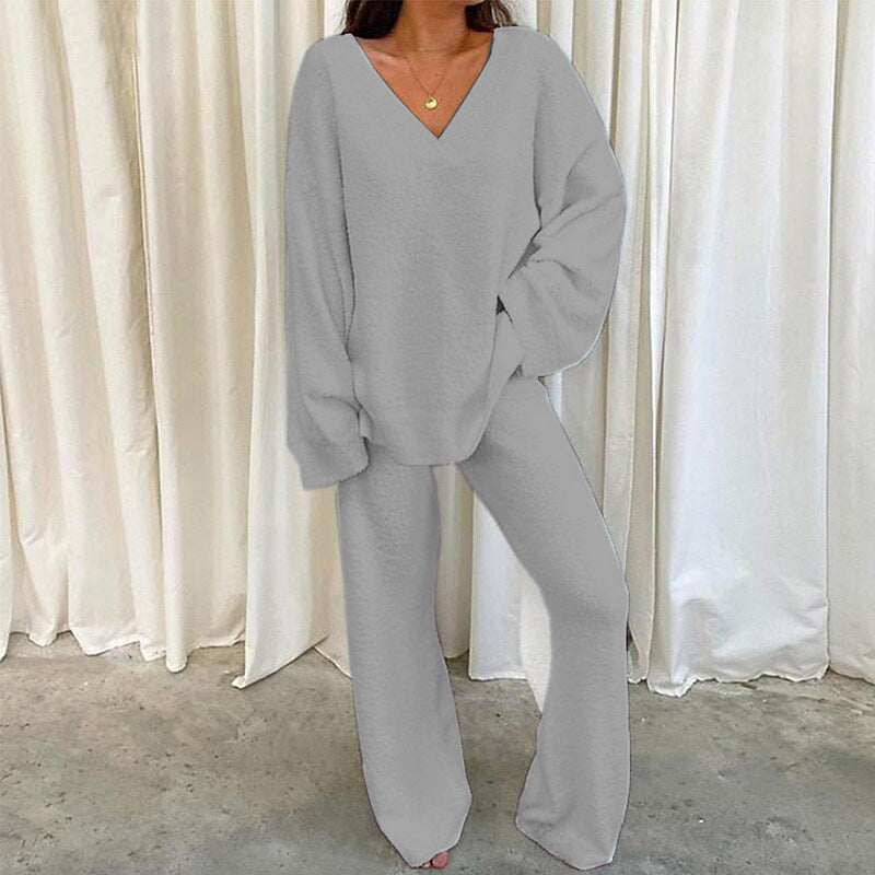 Elegant Solid Color V-Neck Two-Piece Set for Women - Casual & Fashionable