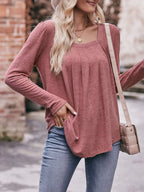 Pleated Square Neck Long Sleeve T-Shirt