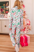 Luxurious Pink Christmas Berries Plant Print Satin Long Sleeve Pajama Set for Ultimate Comfort
