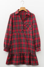 Red Plaid Shirt Collar Half Button Ruffle Hem Long Sleeve Mini Dress