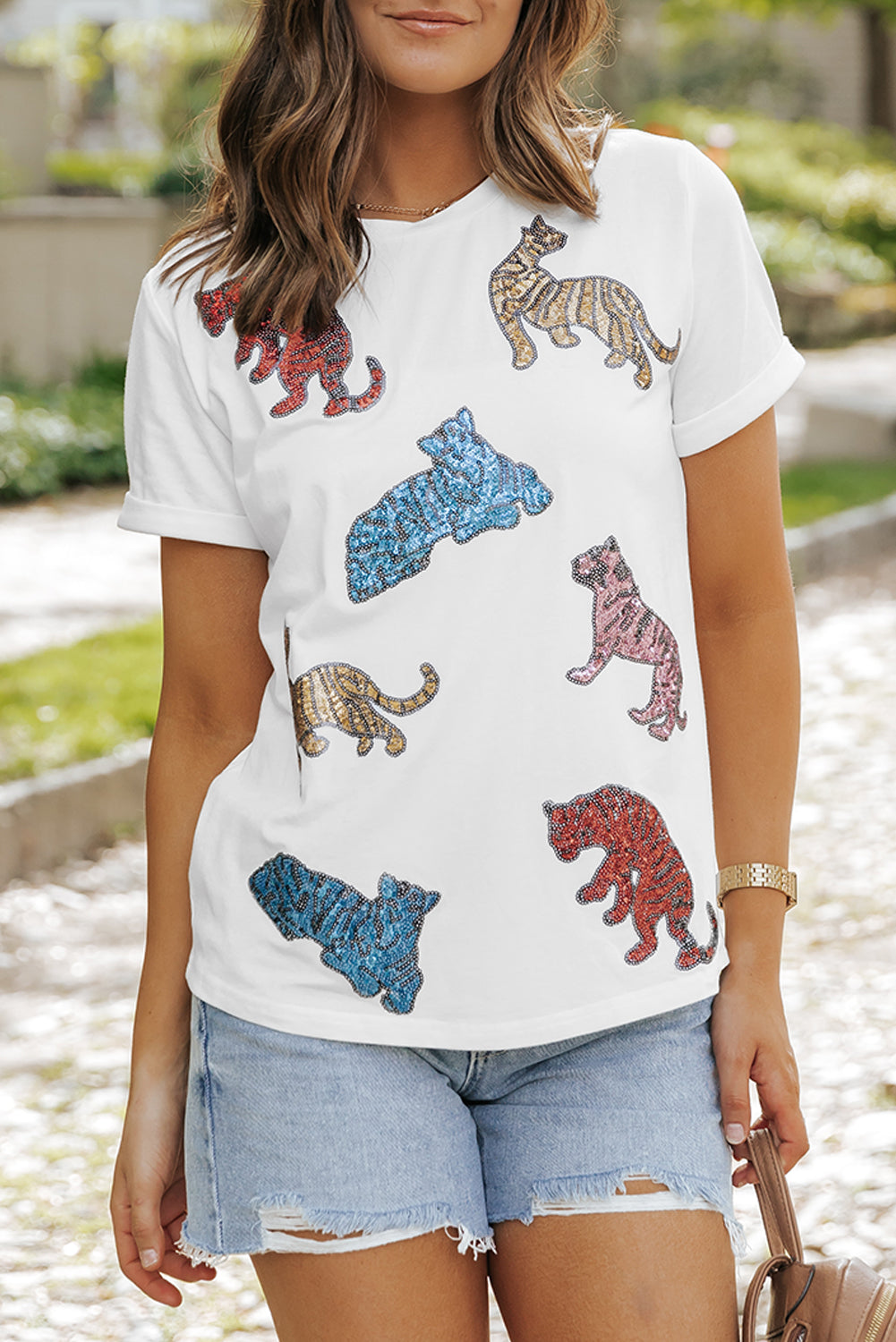 Shiny Tiger Patch Graphic Summer T-shirt