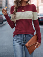 Color Block Ribbed Knit Long Sleeve T-Shirt