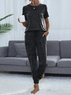 Round Neck Short Sleeve Top and Pants Lounge Set