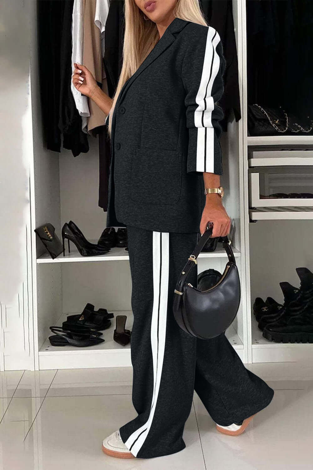 Chic Contrast Lapel Collar Buttoned Top and Pocketed Pants Two-Piece Set - 100% Polyester