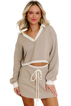 Parchment Raw Edge Detail Colorblock Patchwork Cropped Pullover Drawstring Skirt Set