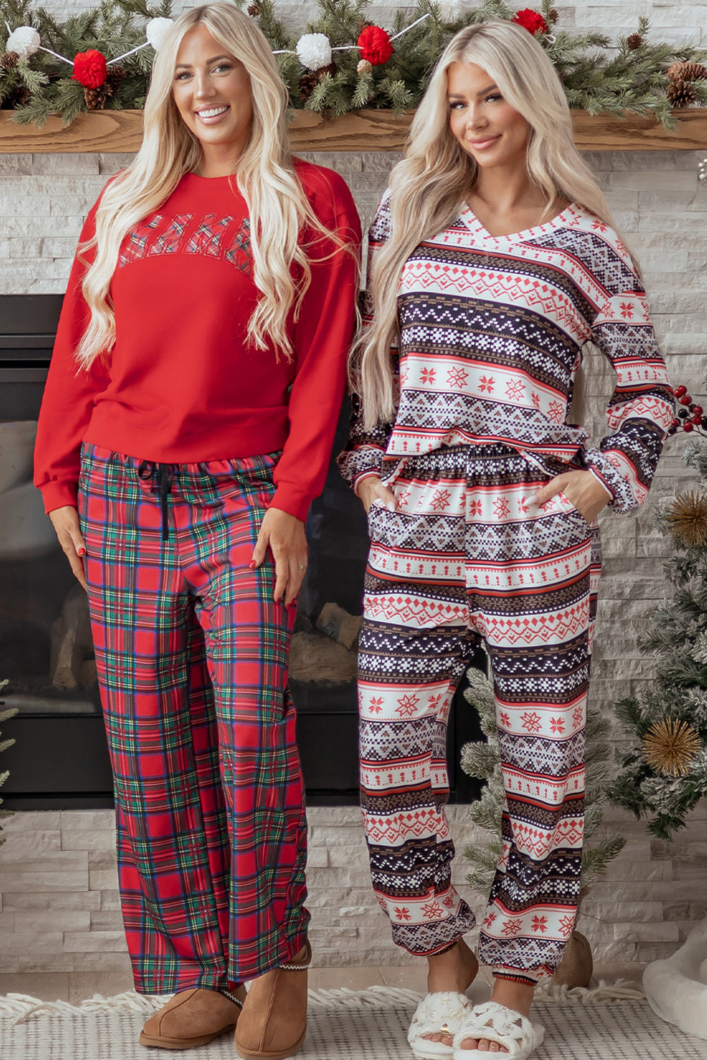 Festive Red Plaid Mama Graphic Christmas Holiday Crewneck Pullover and Pants Two-Piece Lounge Set