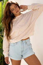 Beige Raw Edge Flower Patch Drop Shoulder Casual Top