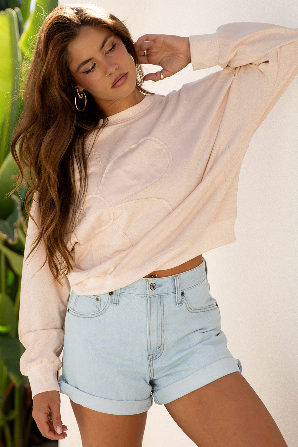 Beige Raw Edge Flower Patch Drop Shoulder Casual Top