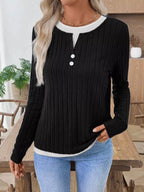 Ribbed Knit Long Sleeve Henley T-Shirt