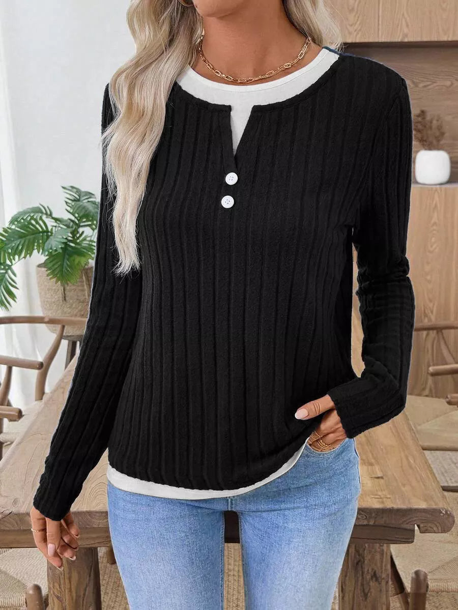 Ribbed Knit Long Sleeve Henley T-Shirt