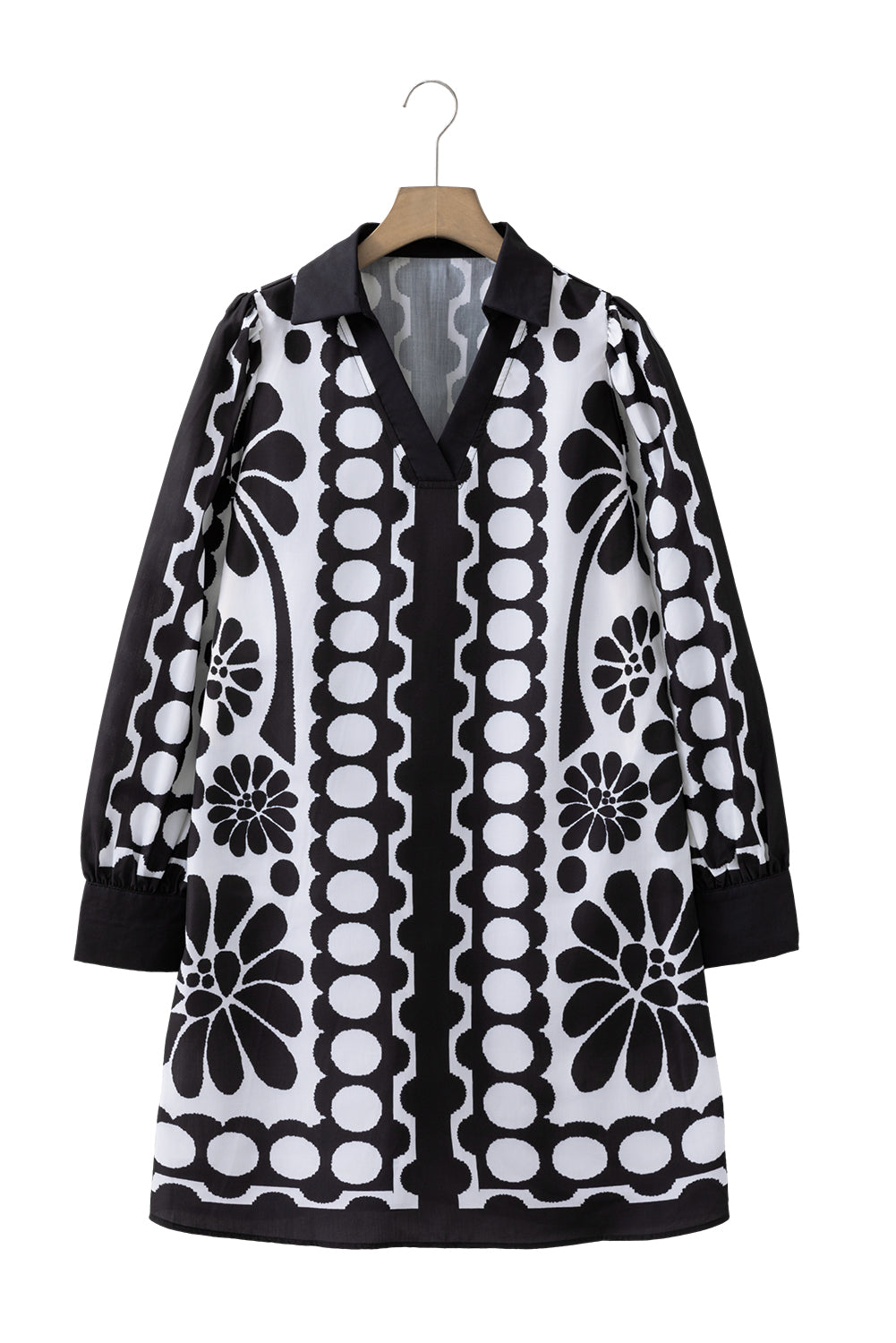 Black Polka Dot Floral Printed V Neck Long Sleeve Shift Mini Dress