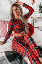 Cozy Red Festive Plaid Print Round Neck Long Sleeve Top & Pants 2 Piece Lounge Set for Women