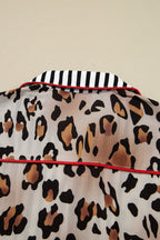 Khaki Leopard Print Colorblock Striped Edge Shirt and Pants Pajama Set