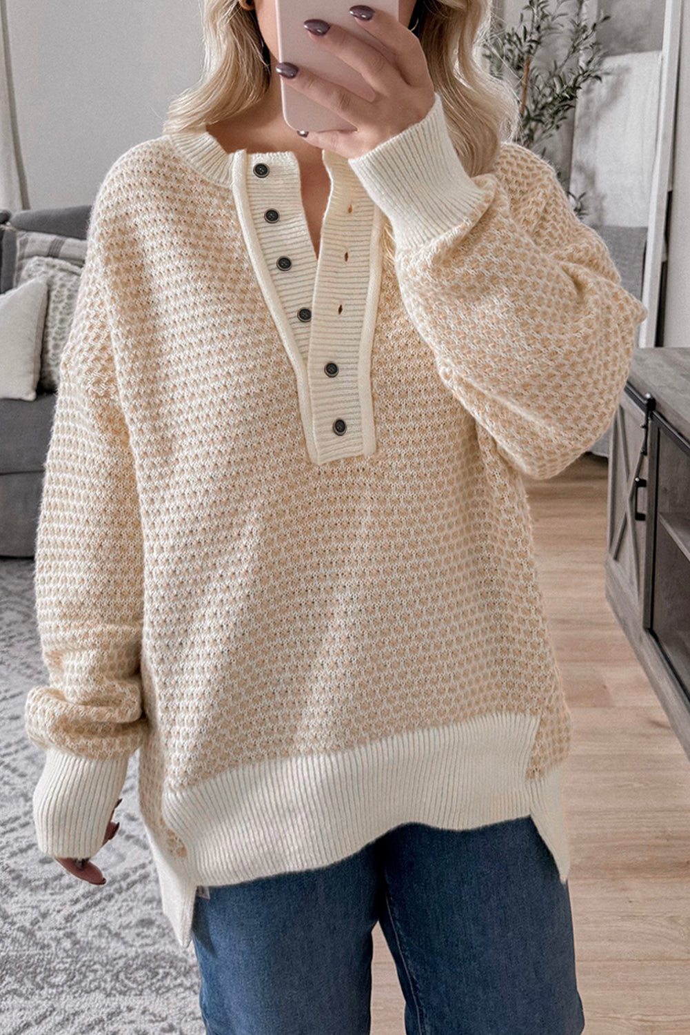 Oatmeal Contrast Ribbed Detail Henley Button Drop Shoulder Sweater
