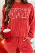 Racing Red "MERRY" Graphic Long Sleeve Top and Shorts Set with Corded Detailing - Casual & Festive Loungewear